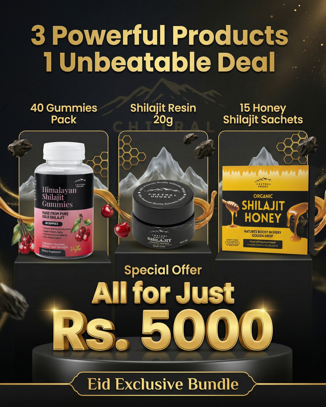 Chitral House Defence Power Bundle – shilajit gummies, 20g resin and honey shilajit