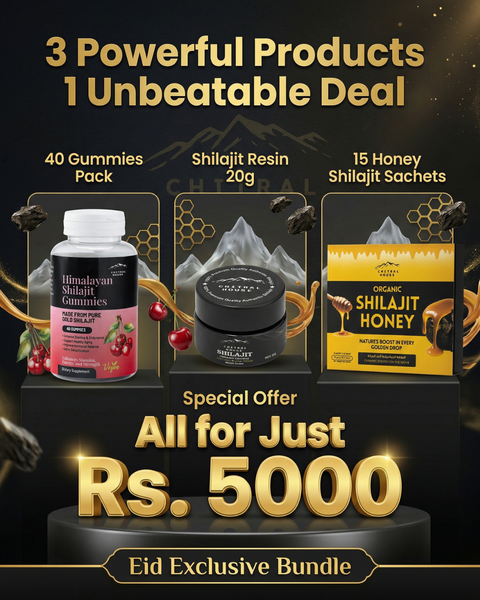 Chitral House Defence Power Bundle – shilajit gummies, 20g resin and honey shilajit